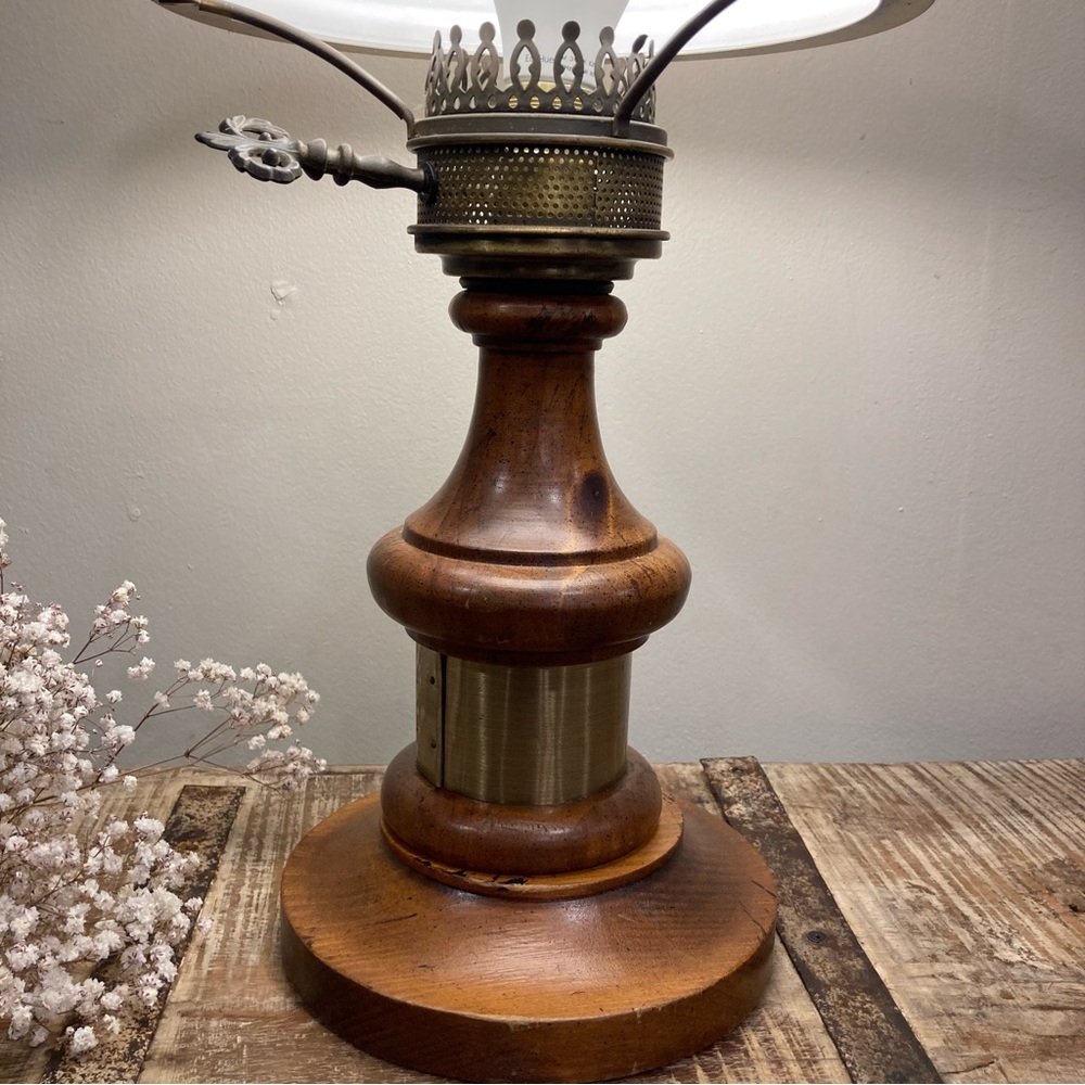 Vintage Brass Tone & Wood Table Lamp with White Hobnail Glass Shade - Picture 2 of 16